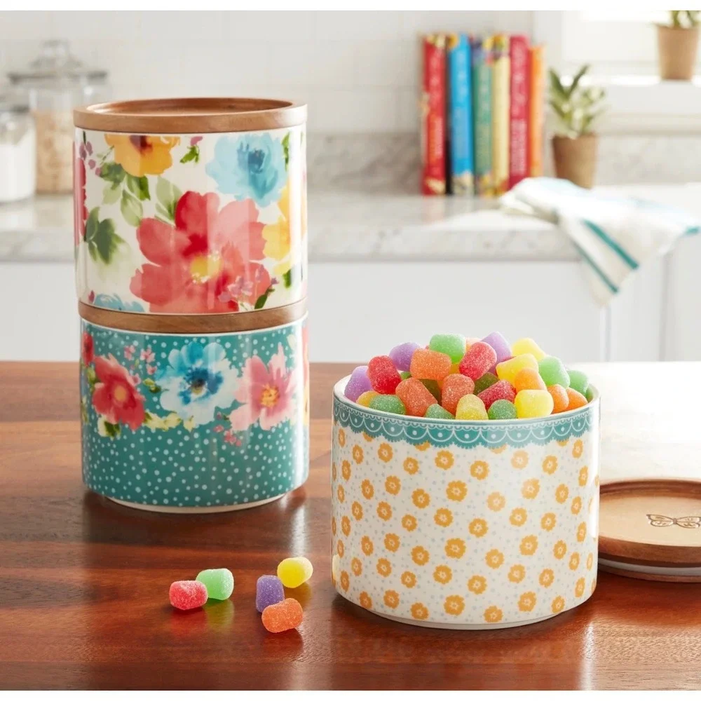 The Pioneer Woman Stackable 3 Piece Stoneware Canister Set Acacia Sealing Lids